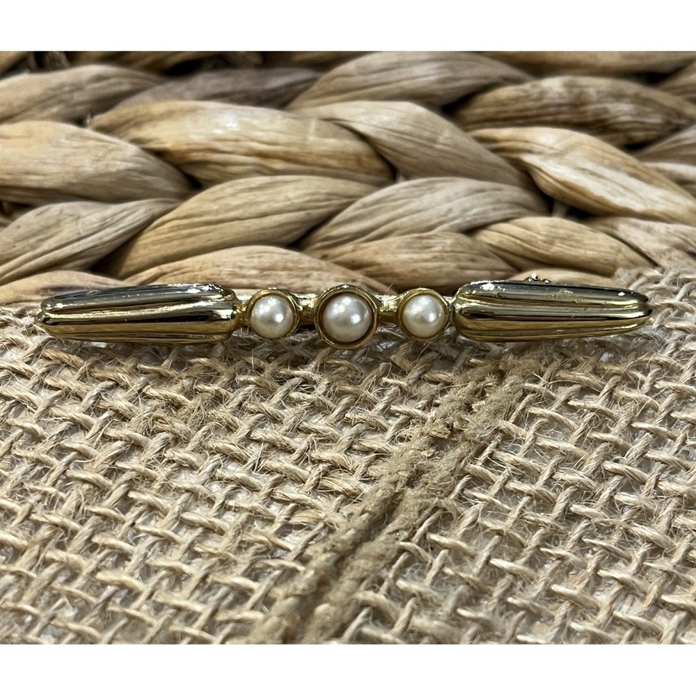 Victorian Revival Bar Pin Gold Tone Faux Pearl Brooch Vintage Costume Jewelry